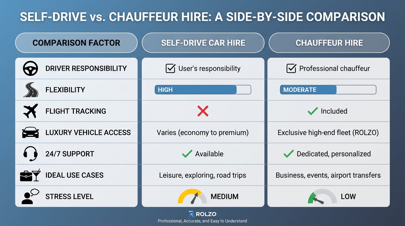 Side-by-side comparison table contrasting self-drive car hire vs. chauffeur hire across key factors: driver responsibility, flexibility, flight tracking, luxury vehicle access, 24/7 support, ideal use cases (business, events, airport transfers), and stress level.