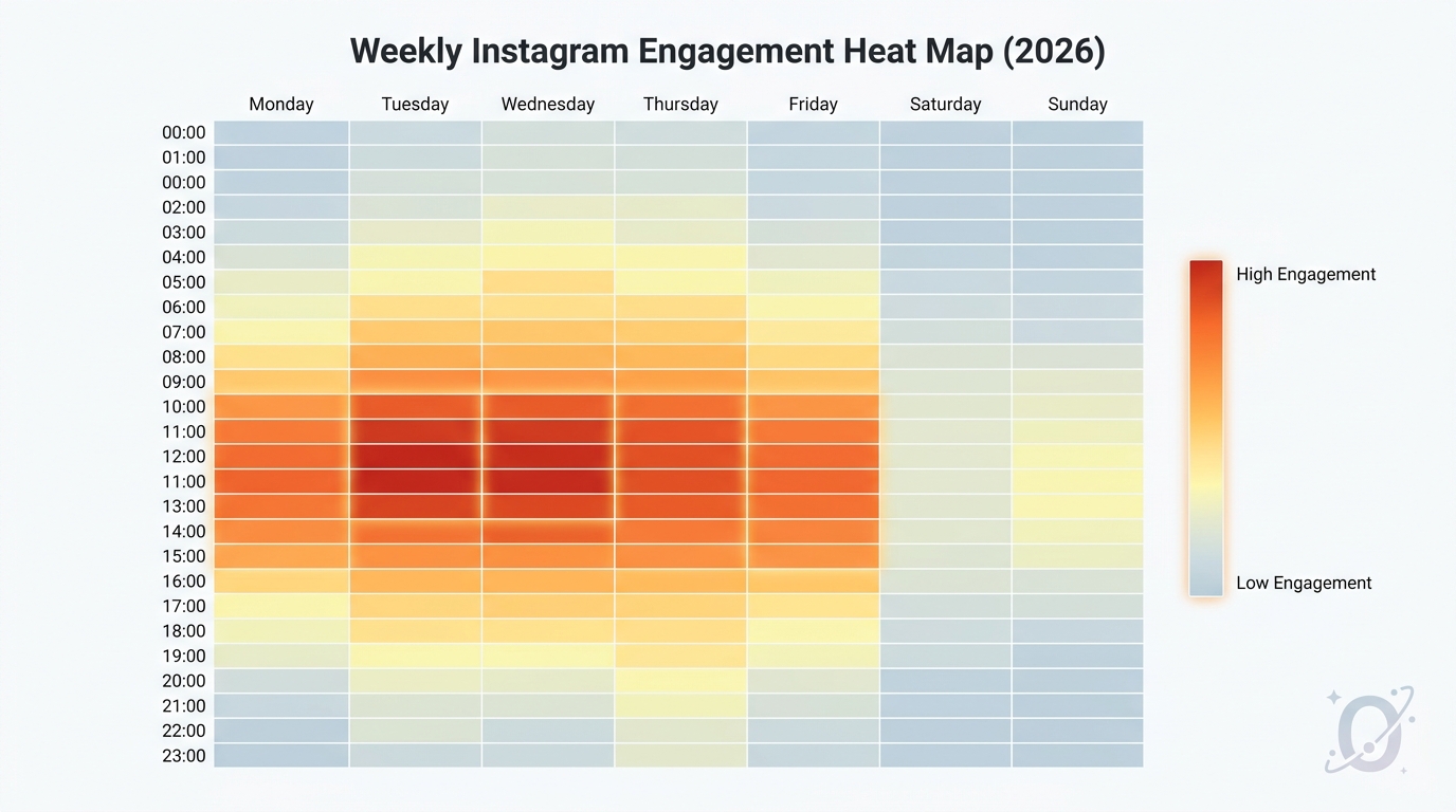 Heat map or line graph showing Instagram engagement patterns throughout the day, with peak times highlighted between 10 AM-3 PM and optimal window at 11 AM-1 PM on weekdays