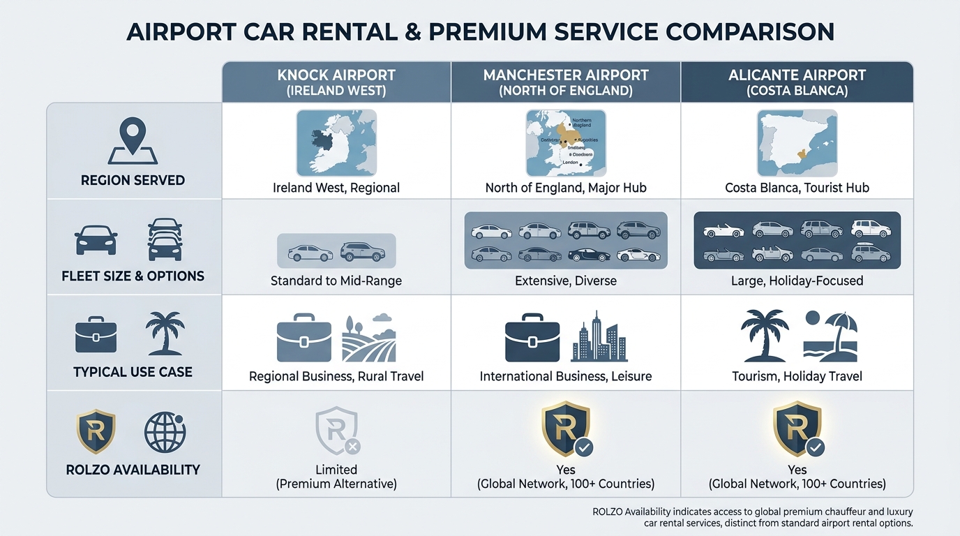 Comparison table of Knock Airport vs Manchester Airport vs Alicante Airport across factors such as region served, fleet size/options, typical use case, and ROLZO availability