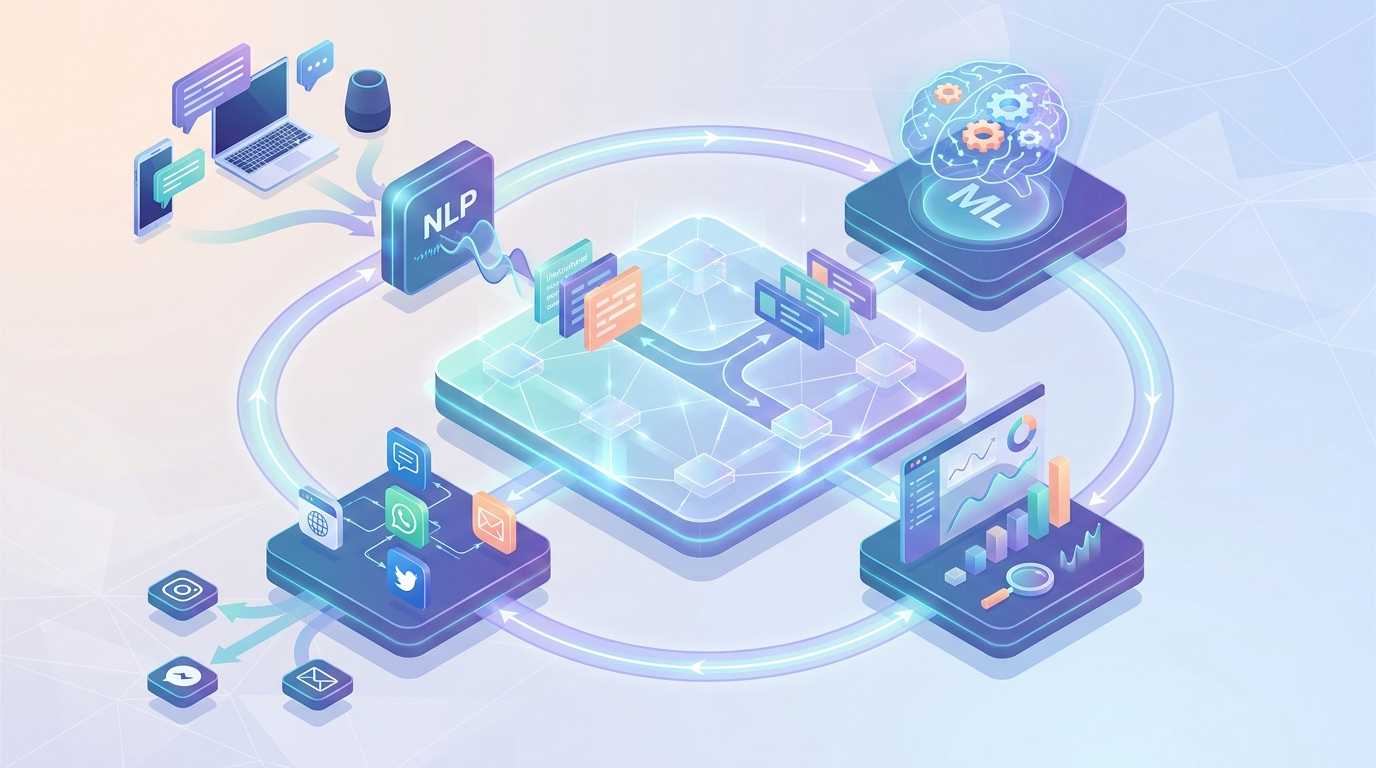 Diagram illustrating the core components of an AI chatbot platform, including natural language processing (NLP), machine learning, multi-channel integration, and analytics working together