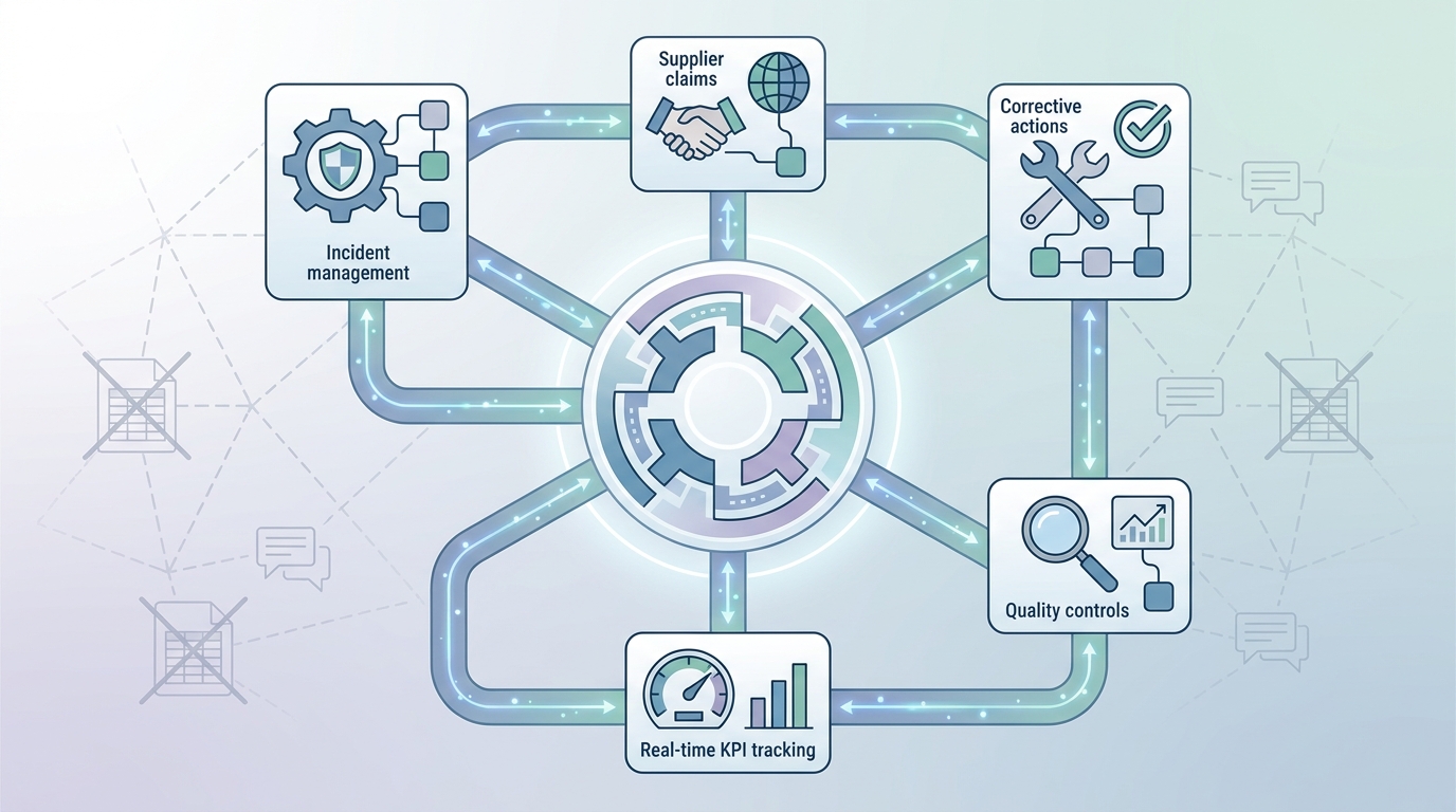 System architecture diagram showing unified platform connecting incident management, supplier claims, corrective actions, quality controls, and KPI tracking with data flowing between modules and eliminating silos