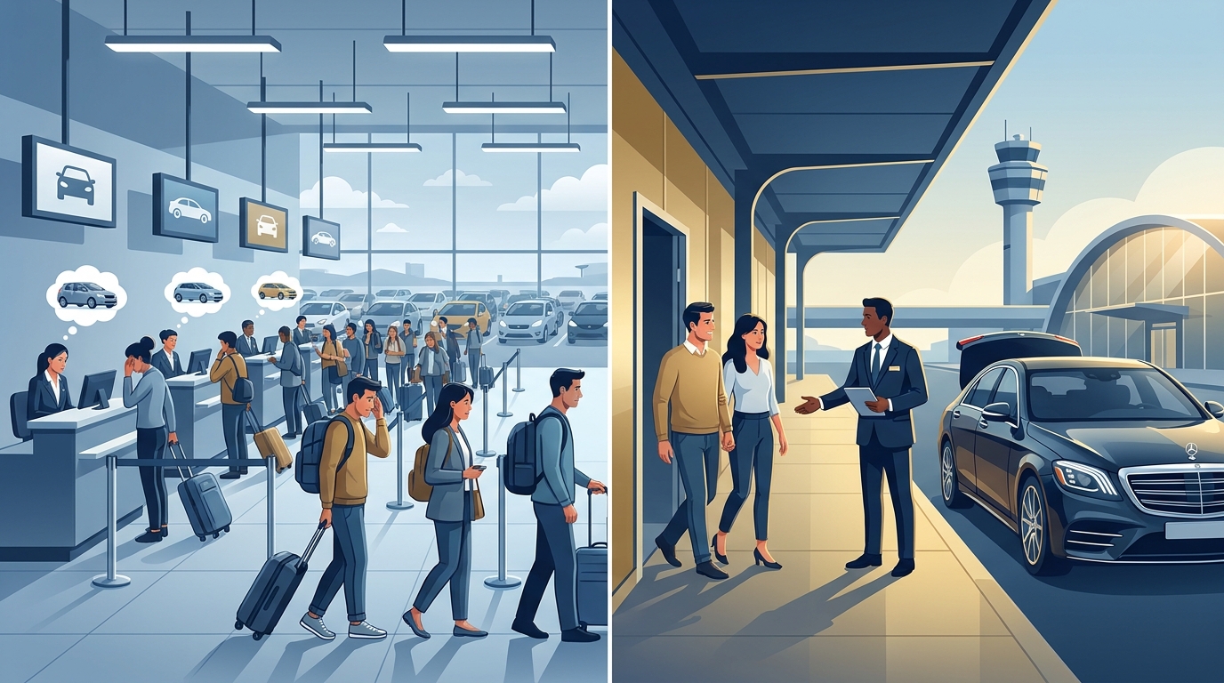Side-by-side illustration contrasting the standard self-drive airport experience (crowded rental desks, queues) versus a VIP chauffeur Meet & Greet experience (curbside professional driver, luxury vehicle)