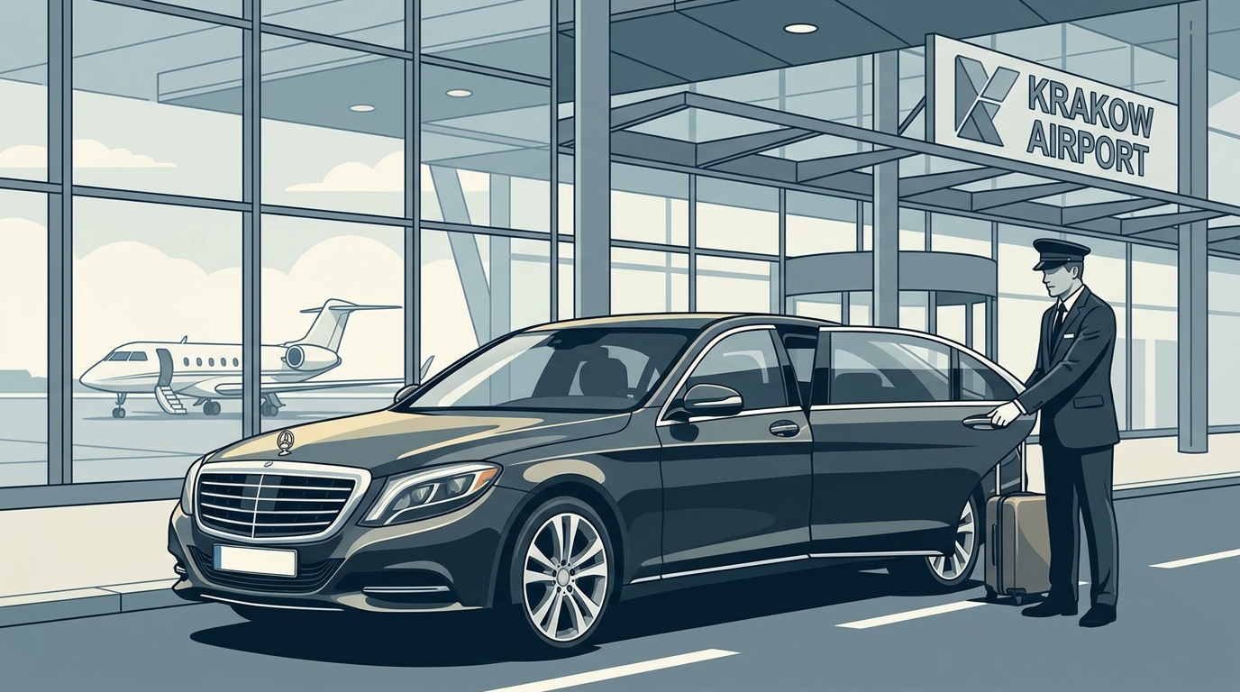 Hero image showing a luxury Mercedes-Benz S-Class or BMW 7 Series at Krakow Airport terminal with professional chauffeur, emphasizing premium service quality