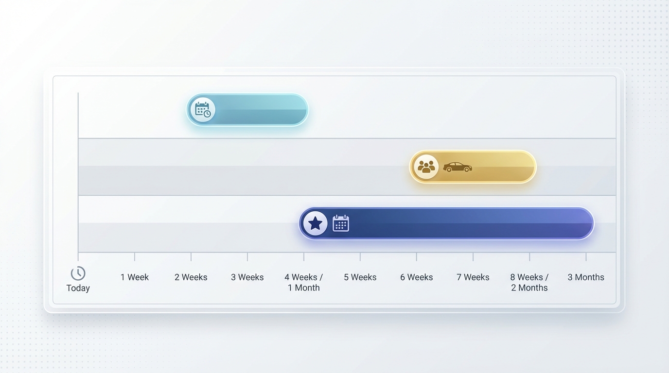 Timeline visualization showing recommended booking windows: Standard dates (2-4 weeks), Peak seasons/weekends (1-3 months), Large groups/luxury vehicles (6-8 weeks ahead)