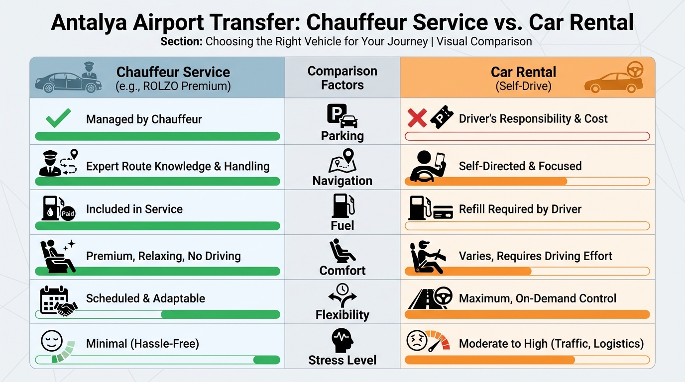 Side-by-side comparison chart of Chauffeur Service vs Car Rental across factors: parking, navigation, fuel, comfort, flexibility, and stress level