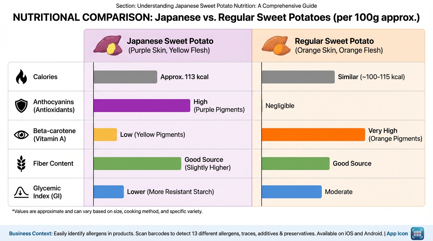 Side-by-side comparison table or chart showing Japanese sweet potatoes vs. regular orange sweet potatoes: calories, anthocyanins, beta-carotene, fiber content, and glycemic index