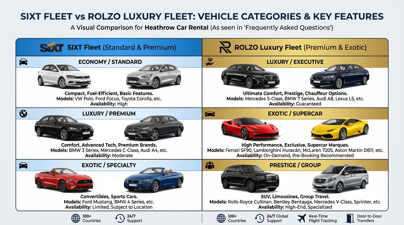 Visual comparison table showing Sixt vehicle fleet vs ROLZO luxury fleet, displaying vehicle categories (economy, luxury, exotic) with representative car models and key features