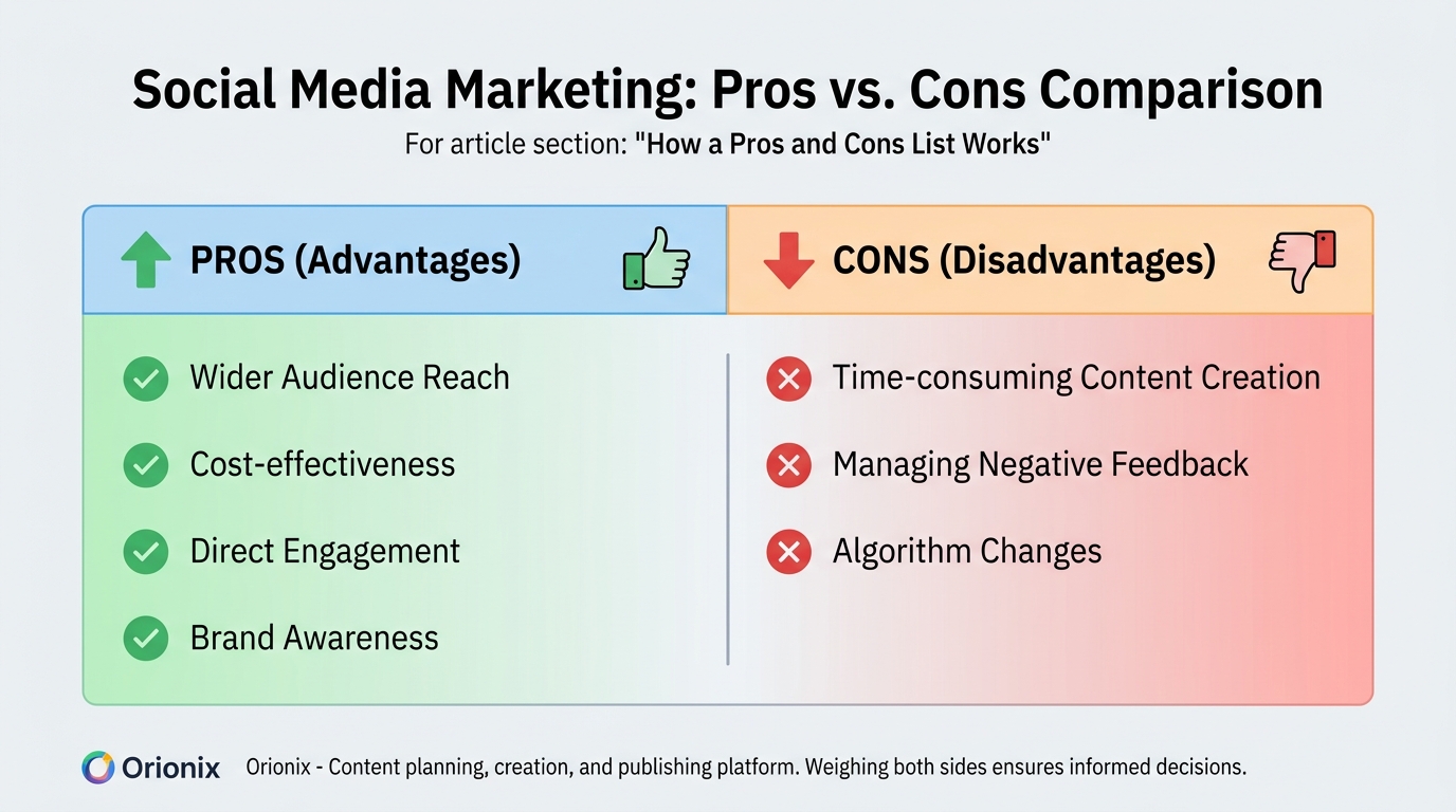 A side-by-side comparison table listing the pros (wider audience reach, cost-effectiveness, direct engagement, brand awareness) versus the cons (time-consuming content creation, managing negative feedback, algorithm changes) of social media marketing