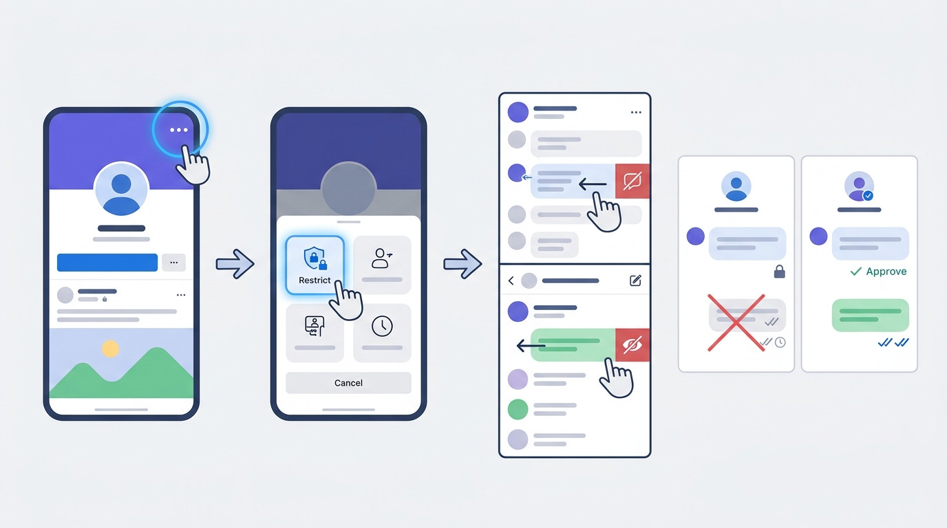 Step-by-step visual guide showing the Instagram interface: 1) Profile with three dots highlighted, 2) Menu with 'Restrict' option highlighted, 3) Alternative method showing swipe left on comment/DM