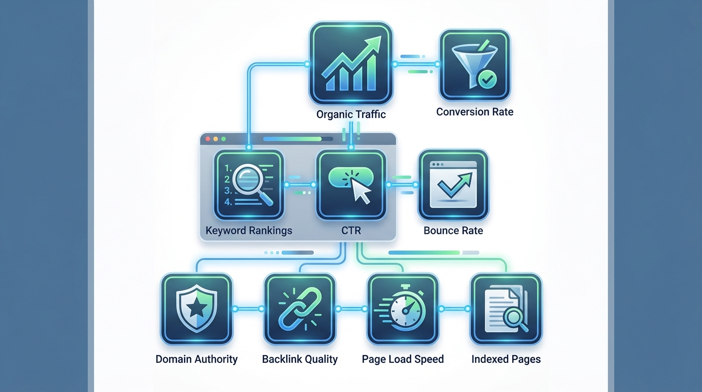Dashboard-style infographic showing the hierarchy of critical SEO KPIs with icons: organic traffic, keyword rankings, CTR, conversion rate, bounce rate, domain authority, backlink quality, page load speed, and indexed pages
