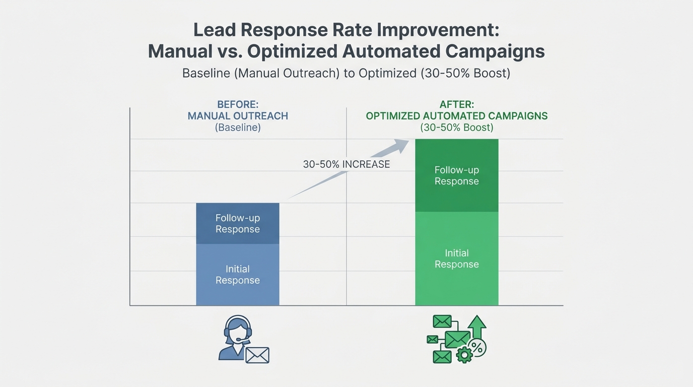 Before/after comparison chart showing response rate improvement from manual outreach (baseline) to optimized automated campaigns (30-50% boost)