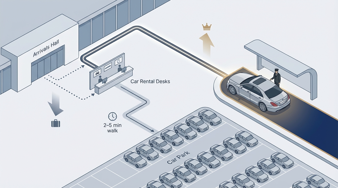 Simple terminal map/diagram showing arrivals hall location, car rental desk area, and adjacent car park with walking distance (2-5 minutes) clearly marked