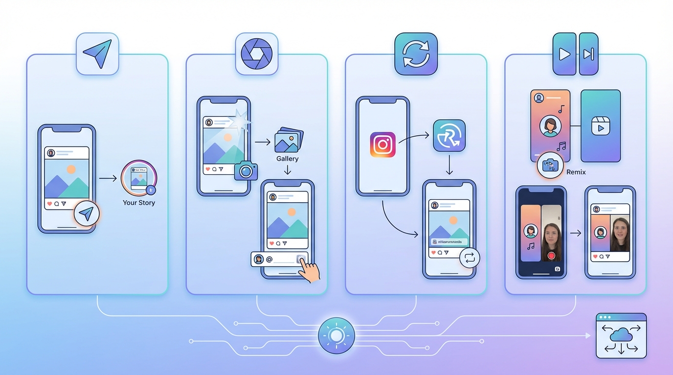 Step-by-step visual diagram showing the Instagram repost methods: 1) Share to Story feature (paper airplane icon), 2) Screenshot method, 3) Third-party apps, 4) Remix feature for Reels
