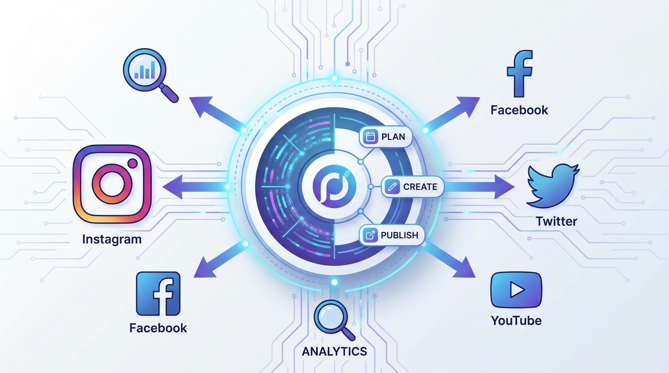 Diagram showing a centralized platform dashboard (like Orionix) in the center with connections to multiple social media platform icons, illustrating unified content management and analytics flow