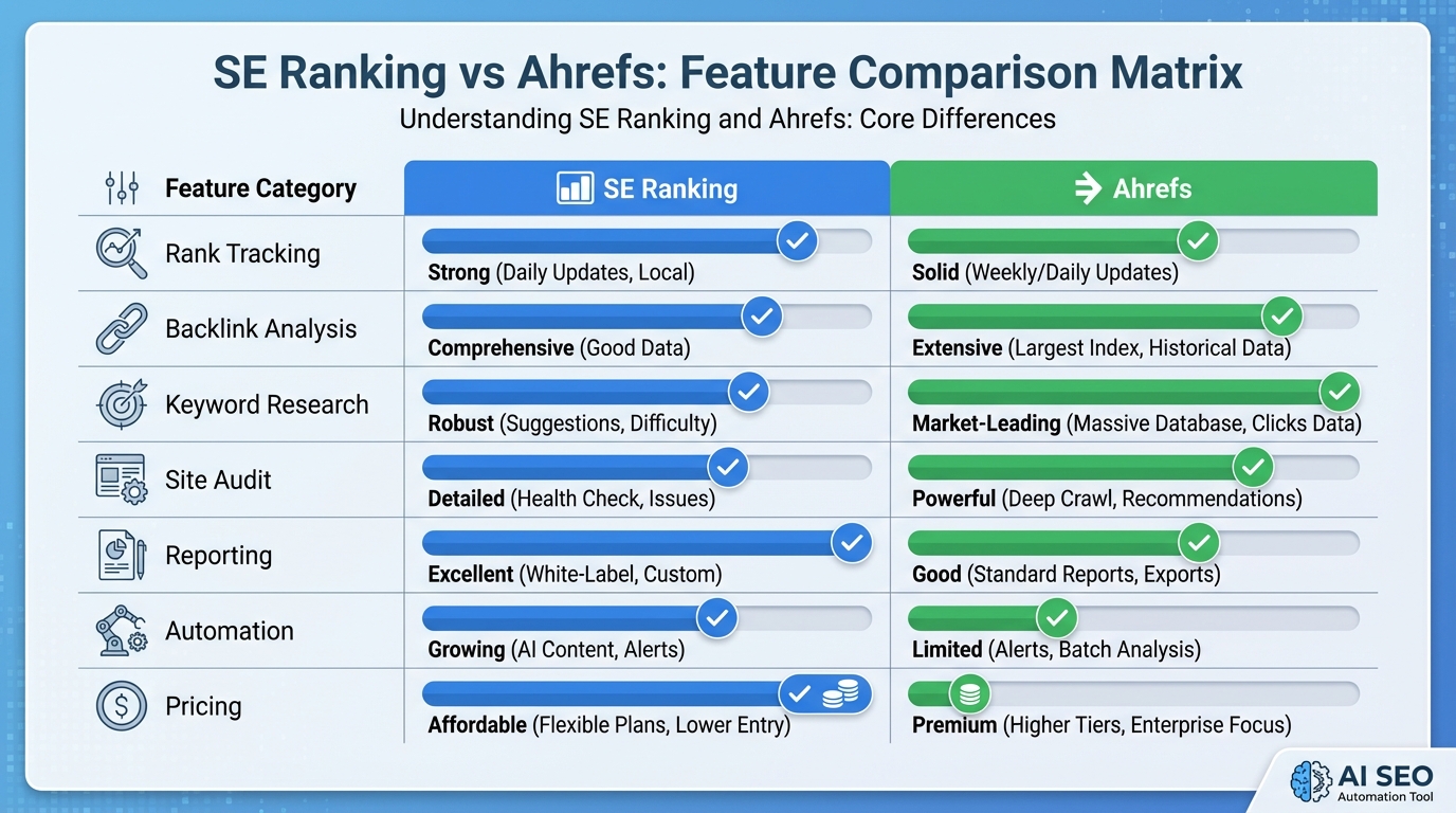 Feature comparison matrix showing SE Ranking vs Ahrefs capabilities across key categories: rank tracking, backlink analysis, keyword research, site audit, reporting, automation, and pricing