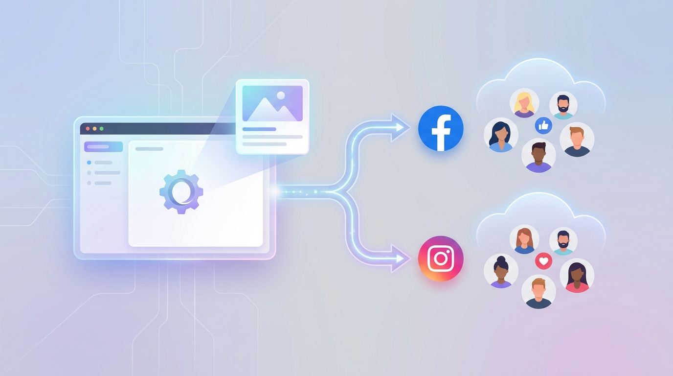 Diagram illustrating the cross-posting concept: one piece of content flowing from a single dashboard to both Facebook and Instagram, reaching two audiences simultaneously