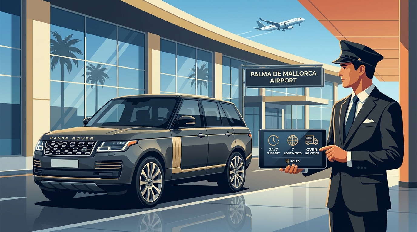 Hero image showing luxury vehicles (Mercedes-Benz S-Class, BMW 7 Series, or Range Rover) at Palma Airport terminal with professional chauffeur, conveying premium service and sophistication