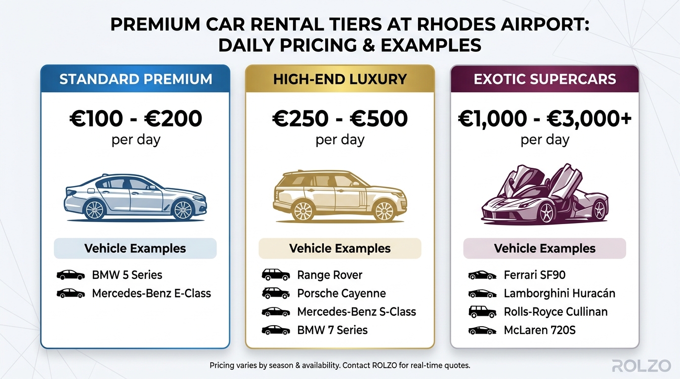 Tiered pricing comparison chart showing three vehicle categories (Standard Premium €100-200/day, High-End Luxury €250-500/day, Exotic Supercars €1,000-3,000+/day) with example vehicles in each tier