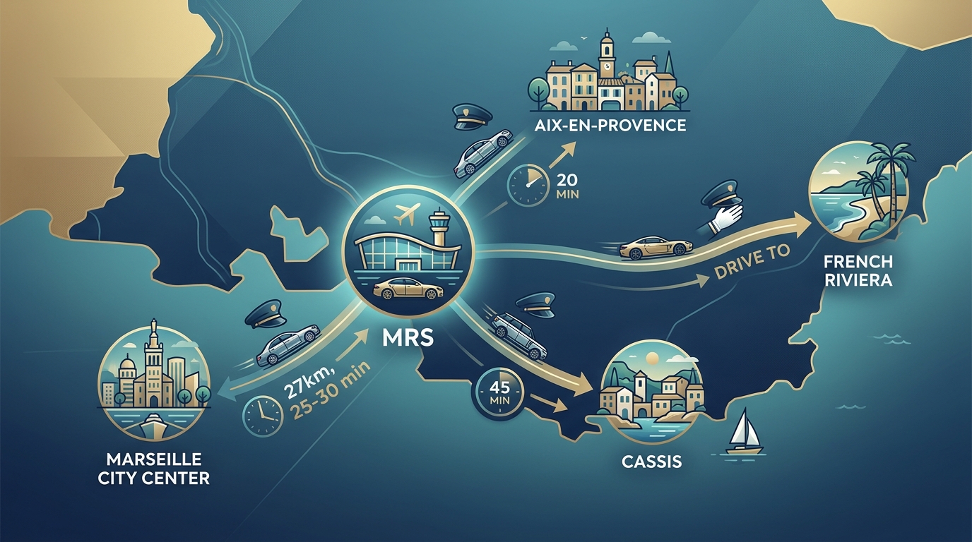 Map showing Marseille Provence Airport location with driving distances and times to key destinations: Marseille city center (27km, 25-30 min), Aix-en-Provence (20 min), Cassis (45 min), and French Riviera