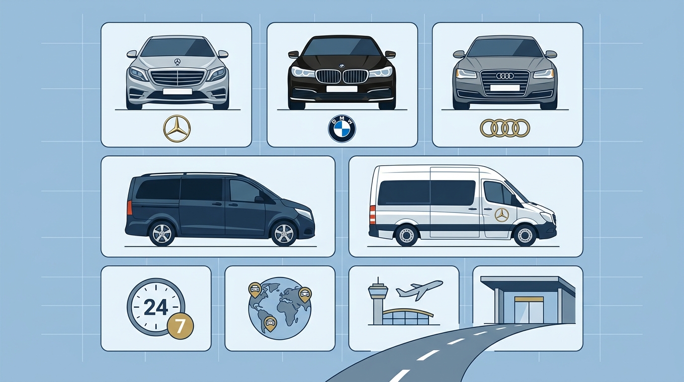 Grid illustration showcasing the range of luxury vehicles available (Mercedes S-Class, BMW 7 Series, Audi A8, V-Class, Sprinter) with brand logos