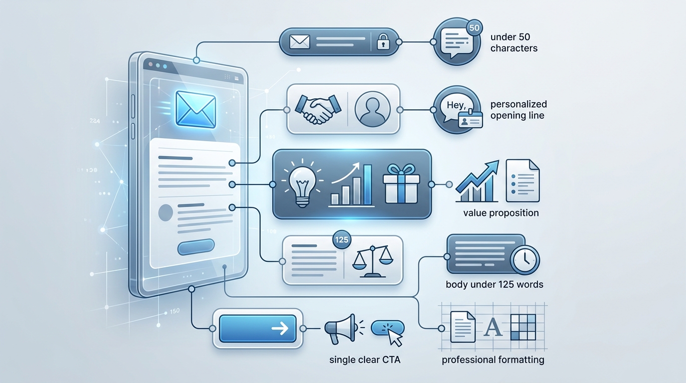 Infographic showing anatomy of an effective cold email with callouts: subject line under 50 characters, personalized opening line, value proposition, body under 125 words, single clear CTA, and professional formatting
