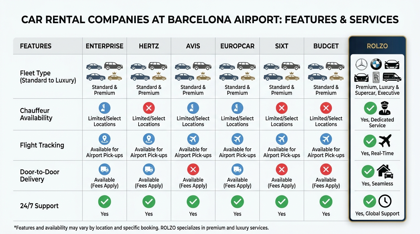 Comparison table of car rental companies at Barcelona Airport (Enterprise, Hertz, Avis, Europcar, Sixt, Budget, ROLZO) showing features like fleet type, chauffeur availability, flight tracking, door-to-door delivery, and 24/7 support