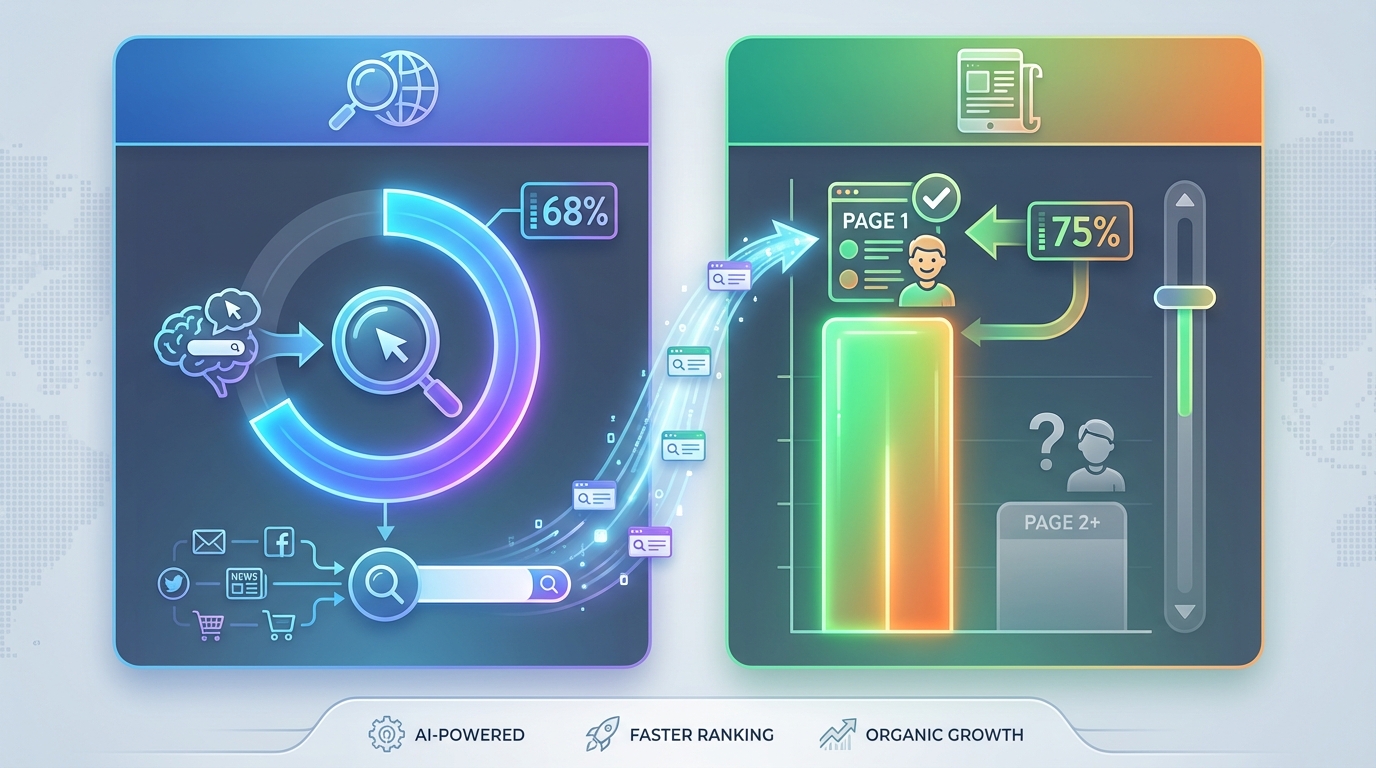 Visual statistic display showing '68% of online experiences begin with search engines' and '75% of users never scroll past first page' with icon-based infographic
