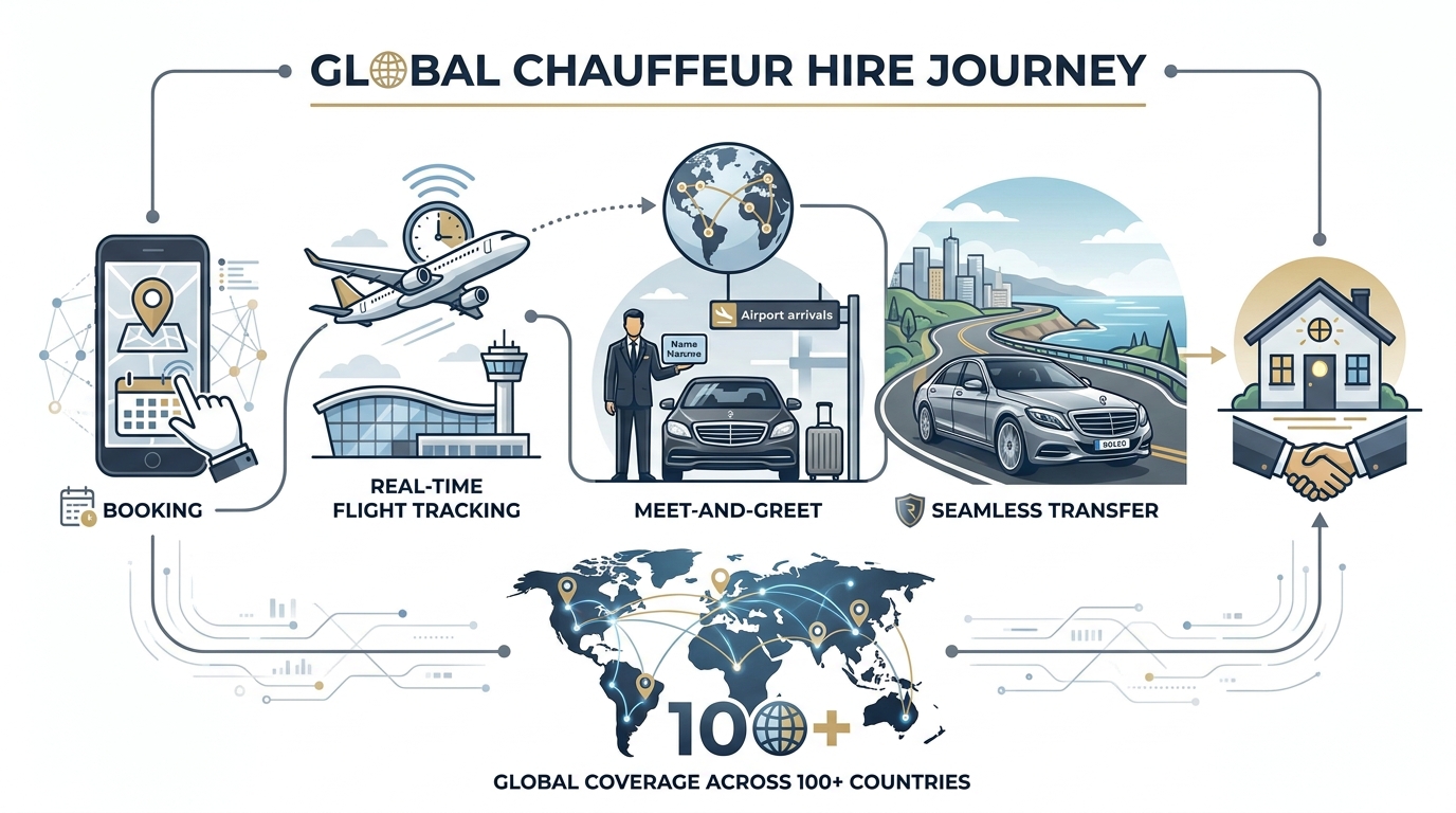 Infographic illustrating the door-to-door chauffeur journey experience: booking, real-time flight tracking, meet-and-greet, and seamless transfer, highlighting ROLZO's global coverage across 100+ countries