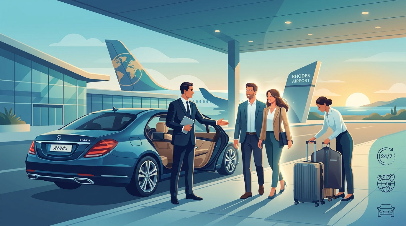 Professional chauffeur service scene at Rhodes Airport showing meet-and-greet with luggage assistance and luxury vehicle, conveying VIP arrival experience