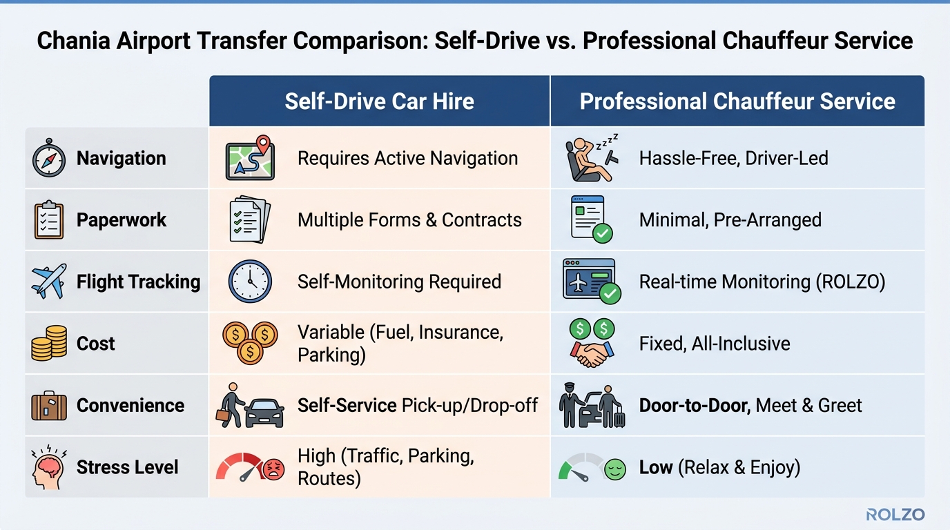 Comparison table contrasting self-drive car hire vs. professional chauffeur service across factors like navigation, paperwork, flight tracking, cost, convenience, and stress level