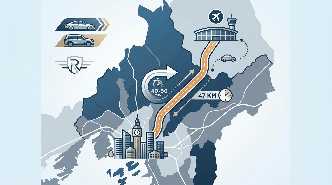 Map illustration showing the 47 km route from Oslo Airport (Gardermoen) to Oslo city centre via the E6 motorway, with driving time of 40-50 minutes labeled
