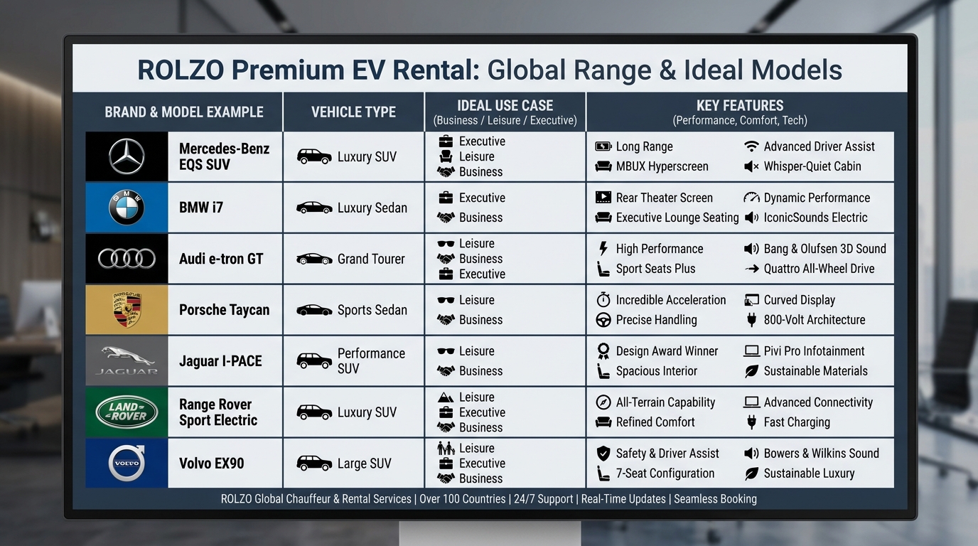 Comparison table or grid showcasing the range of available premium EV models by brand (Mercedes-Benz, BMW, Audi, Porsche, Jaguar, Land Rover, Volvo) with vehicle type, ideal use case (business/leisure/executive), and key features