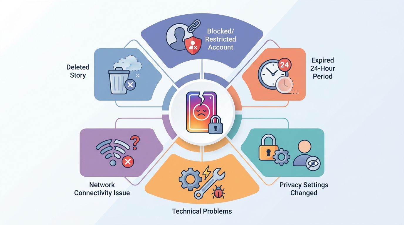 Infographic showing the 6 main reasons why 'story not available' appears on Instagram: deleted story, blocked/restricted account, expired 24-hour period, network connectivity issue, technical problems, and privacy settings changed