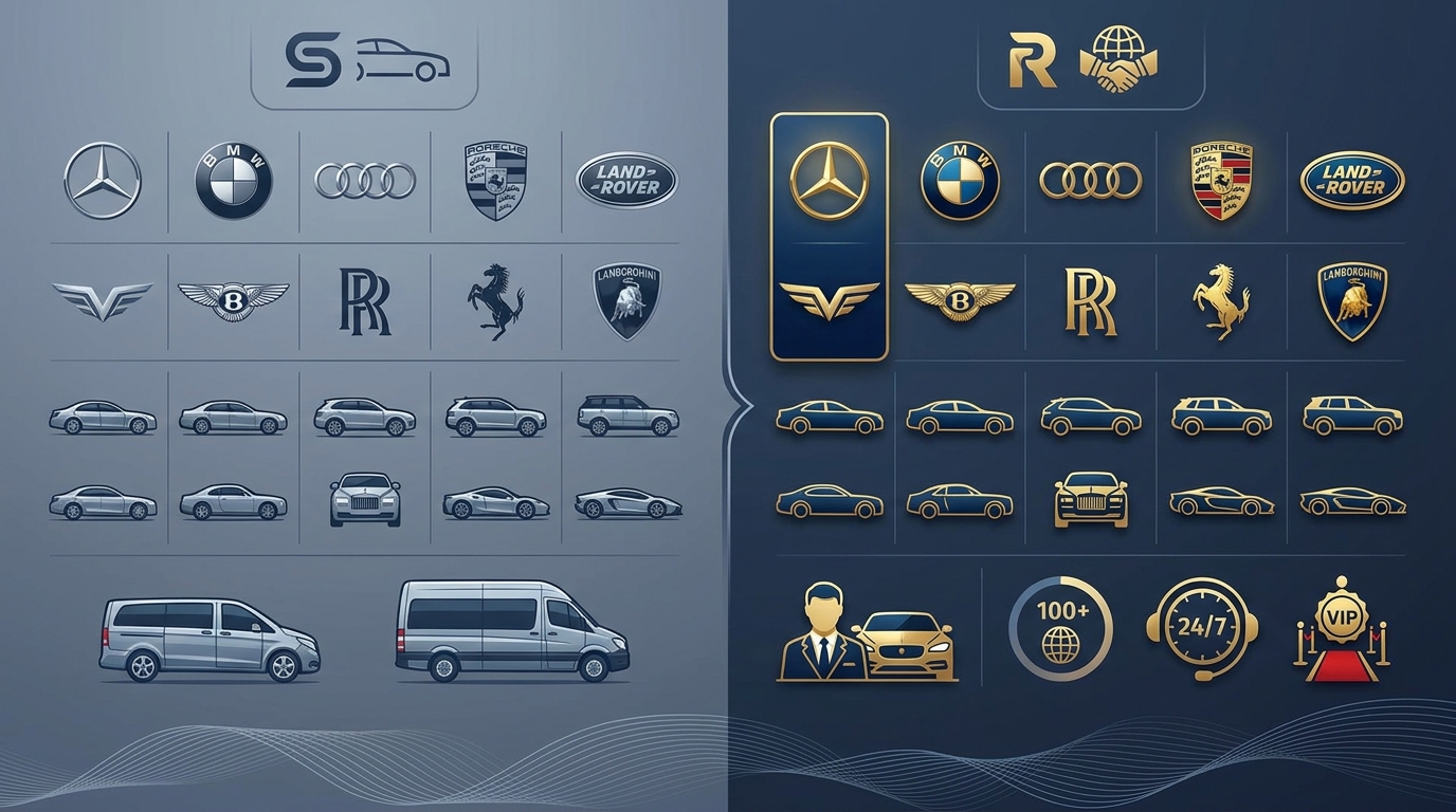 Grid or lineup graphic displaying logos and vehicle images of the featured luxury brands — Mercedes-Benz, BMW, Audi, Porsche, Range Rover, Bentley, Rolls-Royce, Ferrari, Lamborghini — plus group vehicles like the V-Class and Sprinter