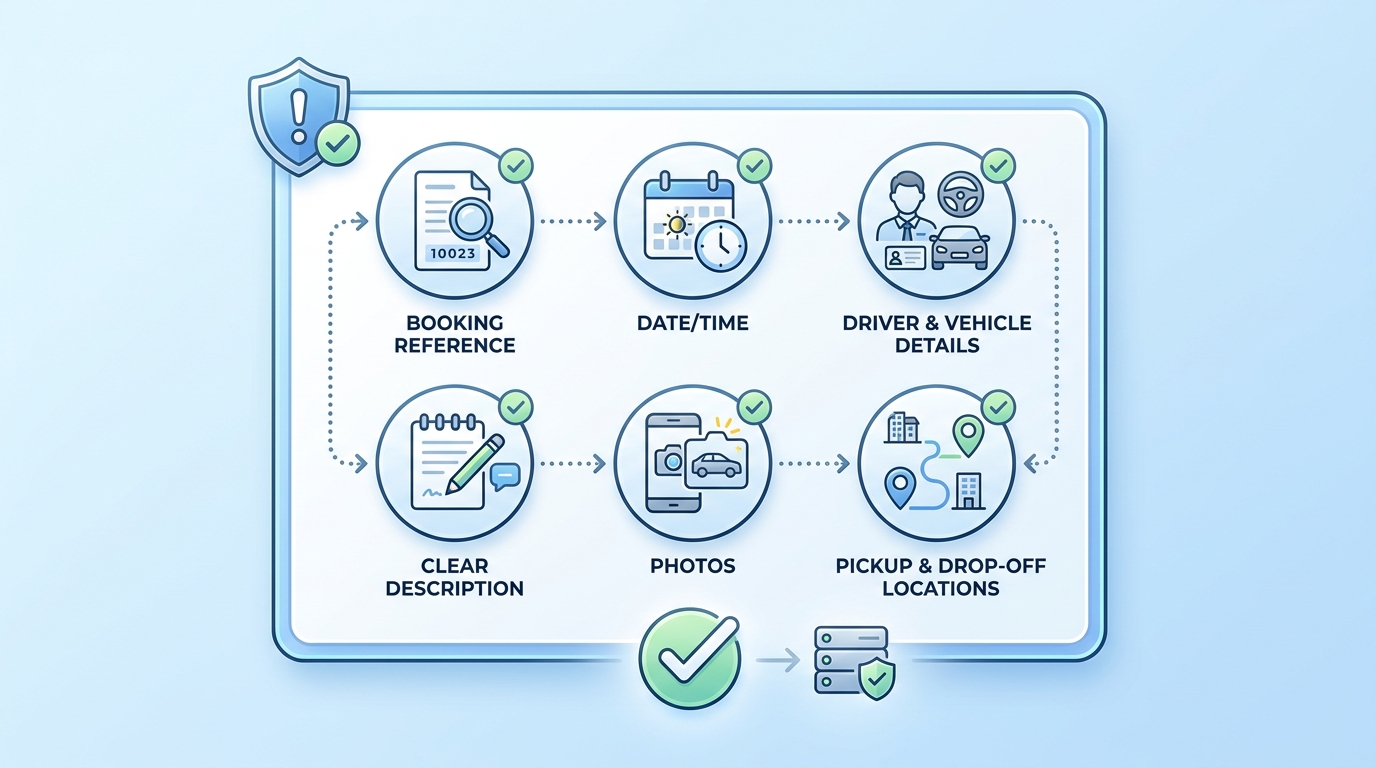 A checklist-style diagram or infographic showing the key information needed to report a driver: booking reference number, date/time of journey, driver name/vehicle details, clear description, photos, and pickup/drop-off locations