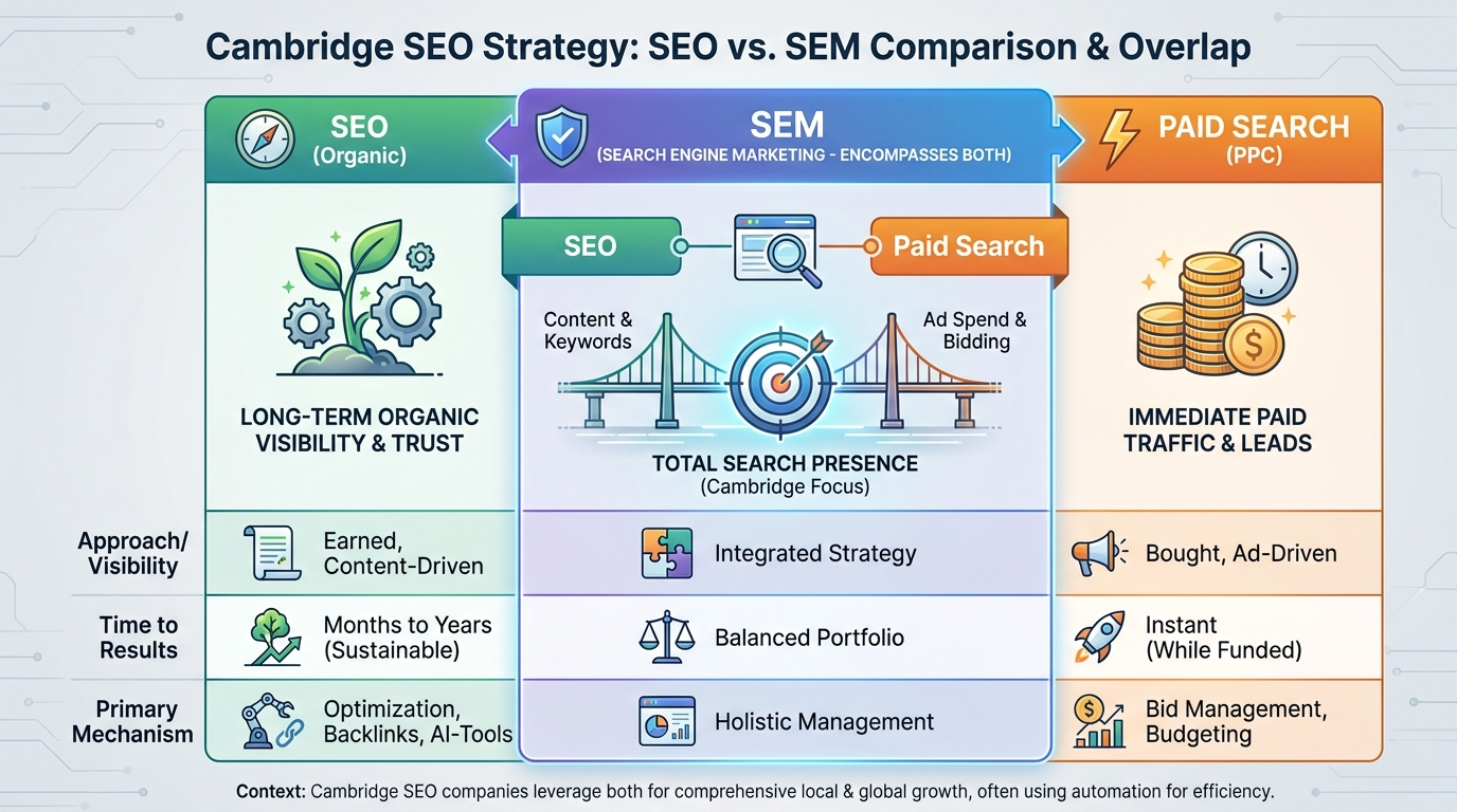 Side-by-side comparison table or Venn diagram showing SEO vs SEM: organic vs paid, long-term vs immediate results, and how SEM encompasses both strategies
