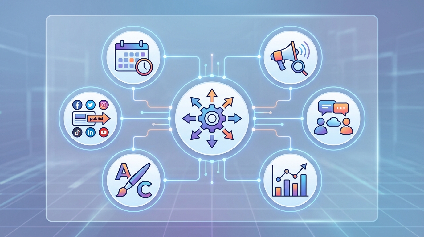 Icon-based infographic or visual dashboard showing categories of essential tools: content management platforms, analytics tools, design software (Canva/Adobe), scheduling platforms, social listening tools, and collaboration software