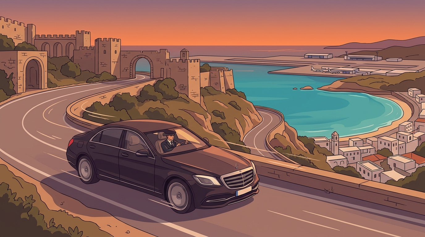 Scenic illustration of a chauffeur-driven luxury vehicle traveling along Rhodes' winding coastal roads near medieval streets, conveying a stress-free arrival experience