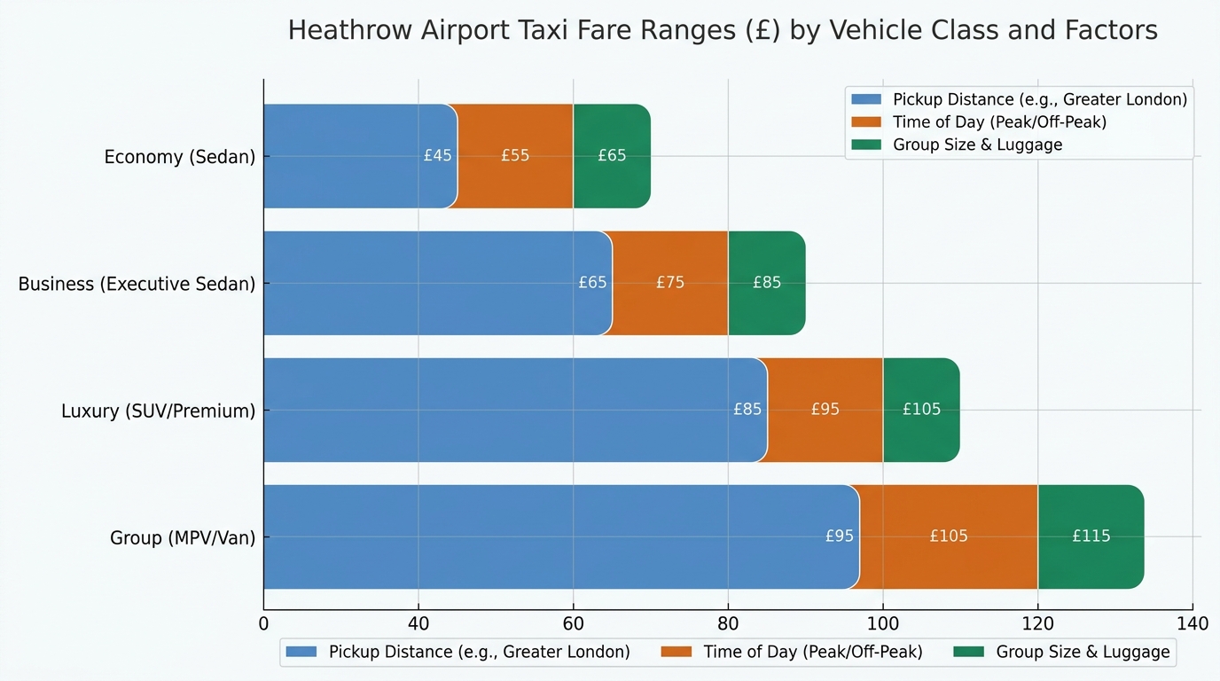 Bar chart showing the fare range (£40–£120) broken down by vehicle class and factors like pickup distance, time of day, and group size