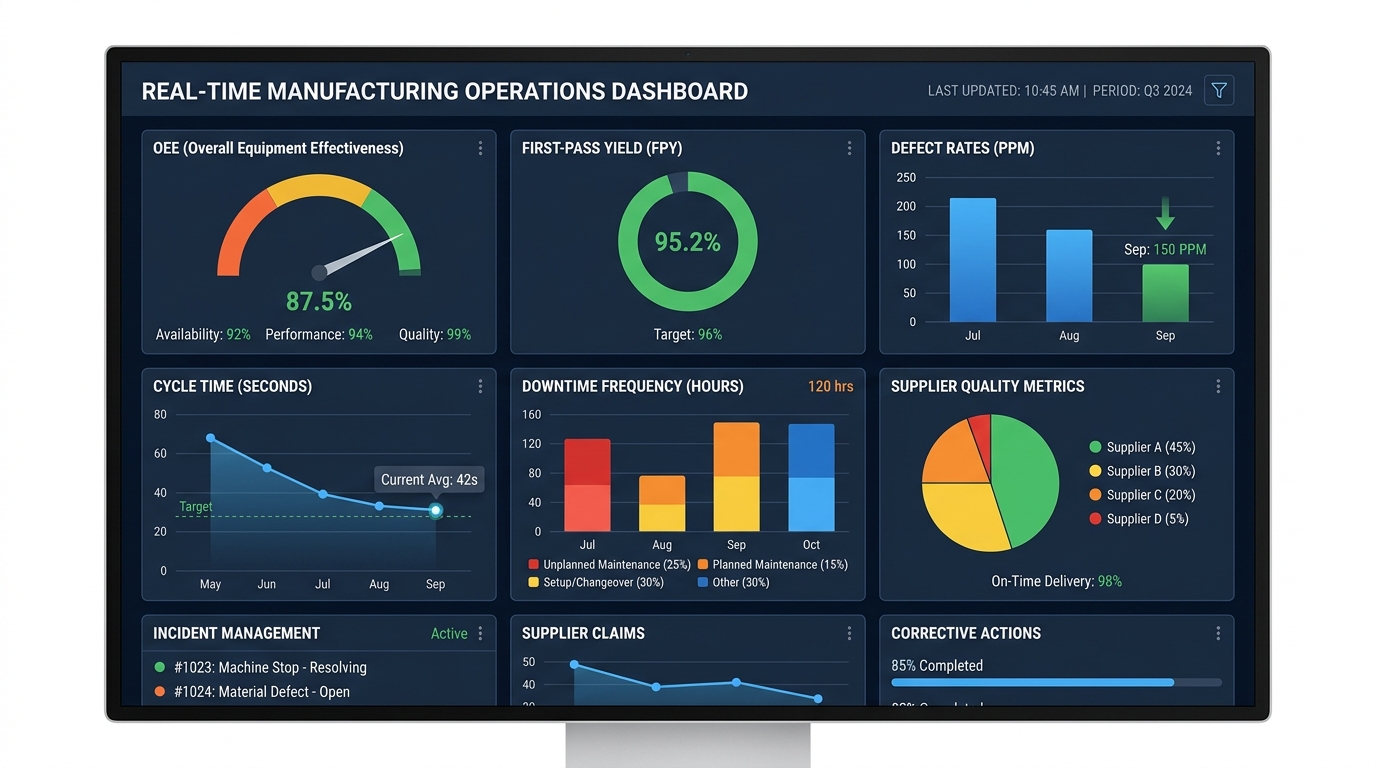 Dashboard mockup or visual representation showing key KPIs including OEE, defect rates, cycle time, first-pass yield, downtime frequency, and supplier quality metrics with sample data visualizations