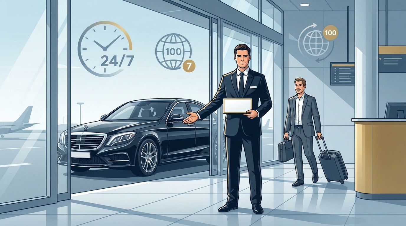 Hero image showing a professional chauffeur in formal attire holding a name sign at an airport terminal, with a luxury Mercedes-Benz S-Class visible nearby, capturing the VIP Meet & Greet experience