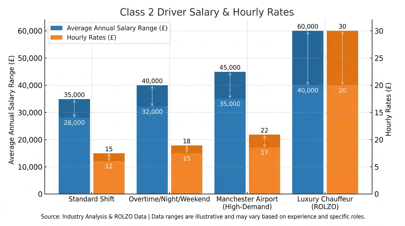 Bar chart showing class 2 driver average annual salary range (£28,000–£40,000) and hourly rates (£12–£18), with comparison bars for standard shifts vs. overtime/night/weekend earnings and high-demand locations like Manchester Airport