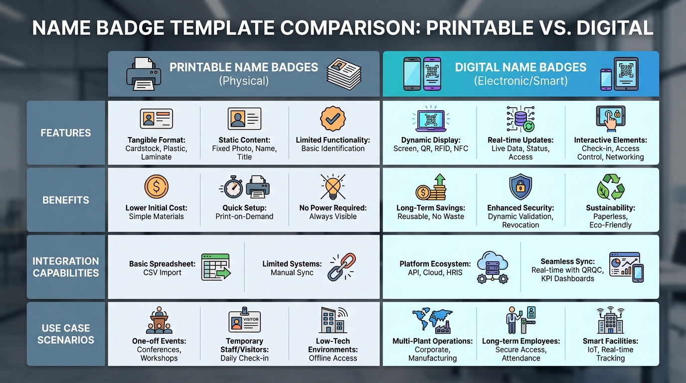 Side-by-side comparison table or infographic contrasting printable vs digital name badges, showing features, benefits, integration capabilities, and use case scenarios