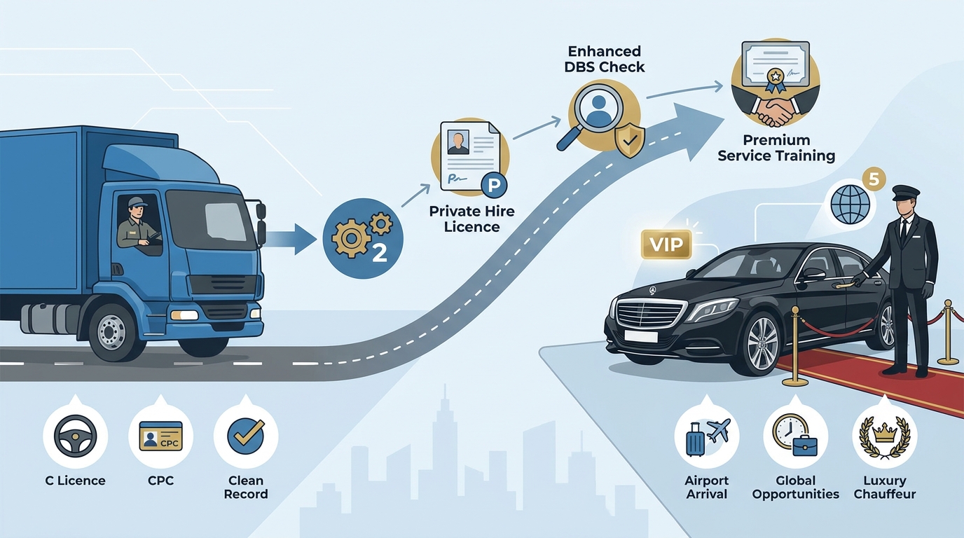 Illustration depicting the career progression pathway from class 2 freight driver to luxury chauffeur, highlighting required steps such as obtaining a private hire licence, enhanced DBS check, and premium service training