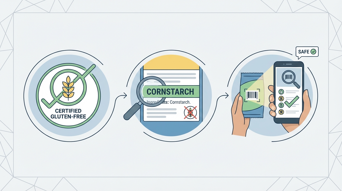 Step-by-step visual guide showing: 1) certified gluten-free label symbol, 2) ingredient list highlighting what to look for, 3) smartphone scanning barcode with allergy checker app