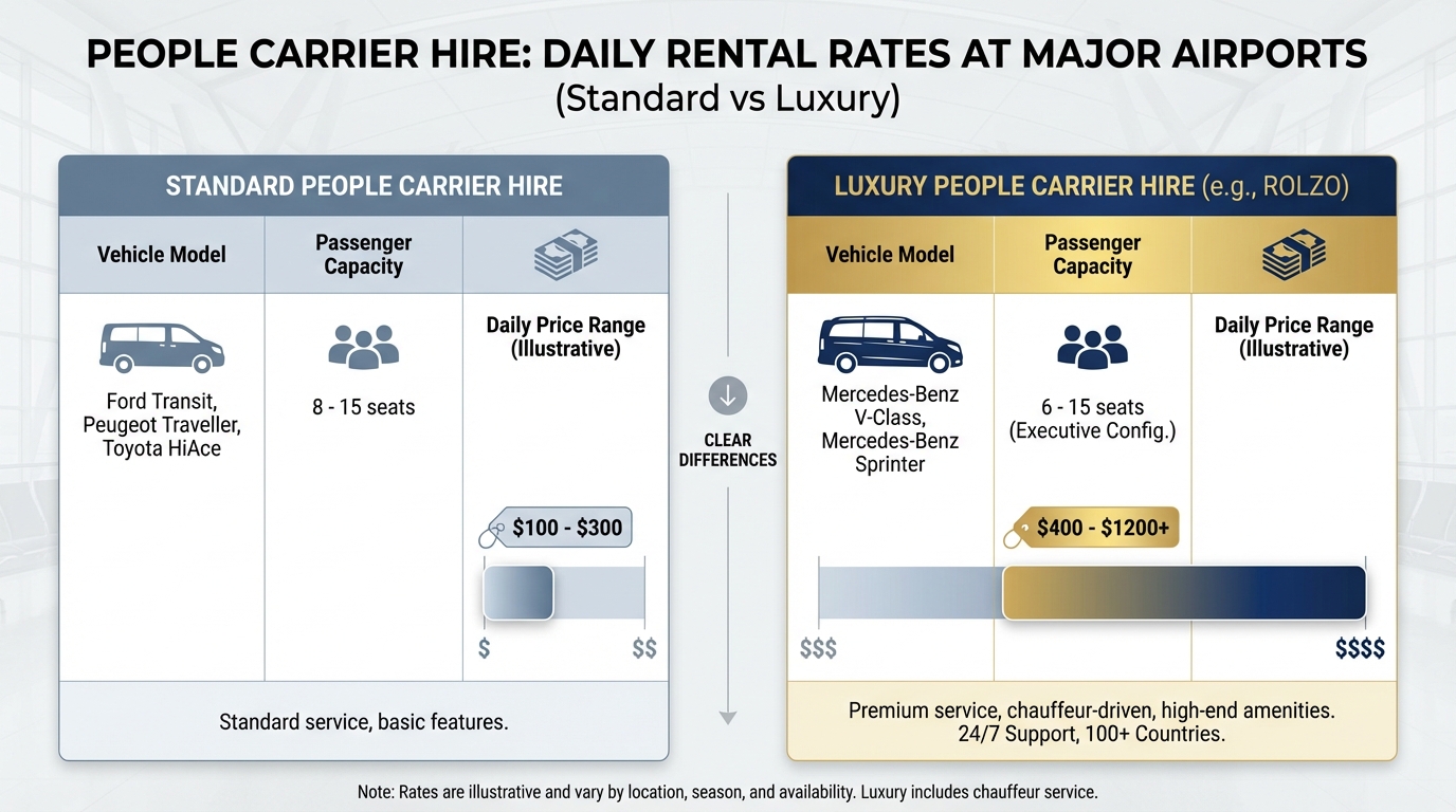 Comparison table showing daily rental rates for different vehicle types (standard vs luxury) at major airports, with columns for vehicle model, passenger capacity, and price range