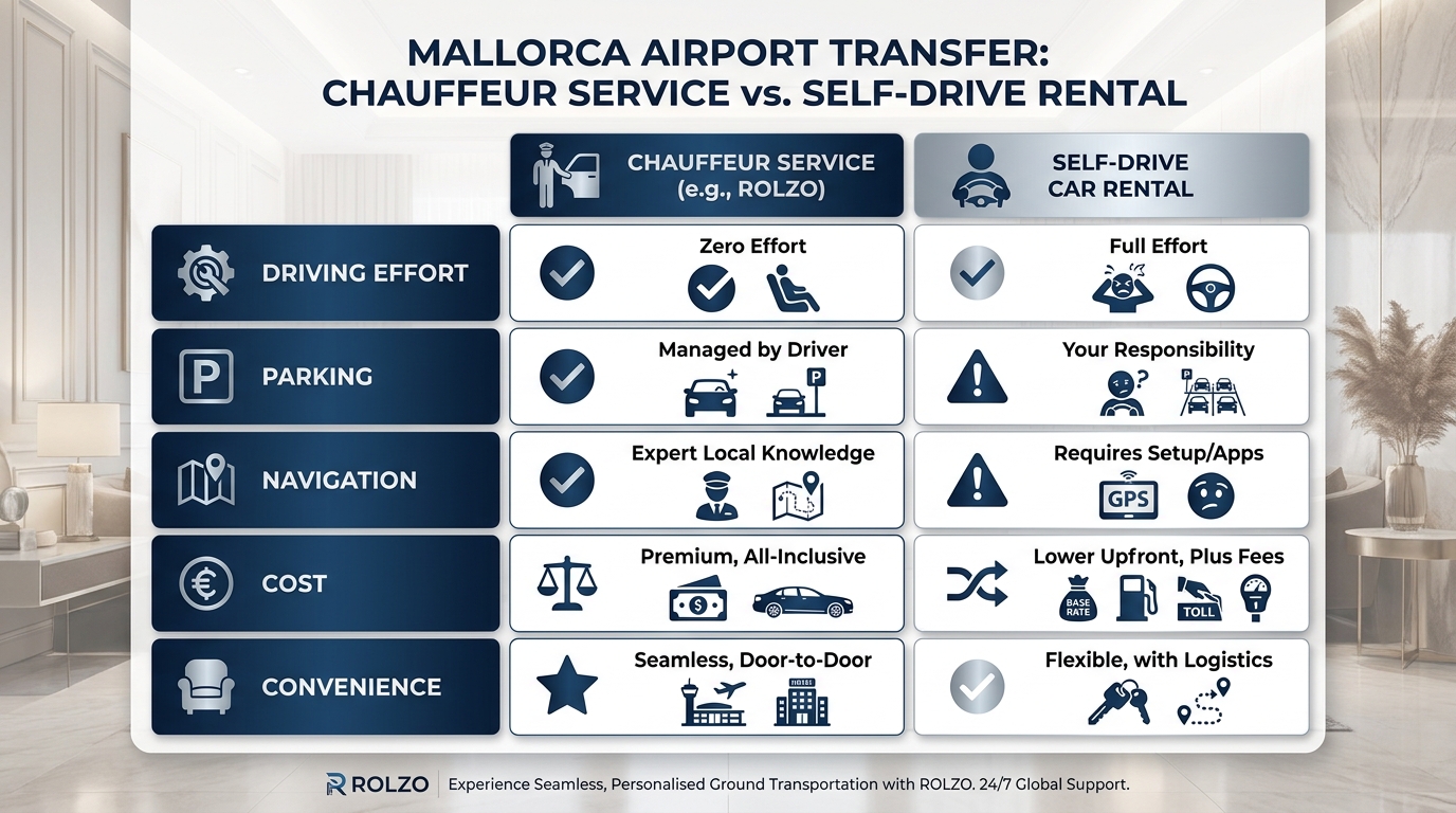 Comparison table contrasting self-drive car rental vs. chauffeur service on factors like driving effort, parking, navigation, cost, and convenience