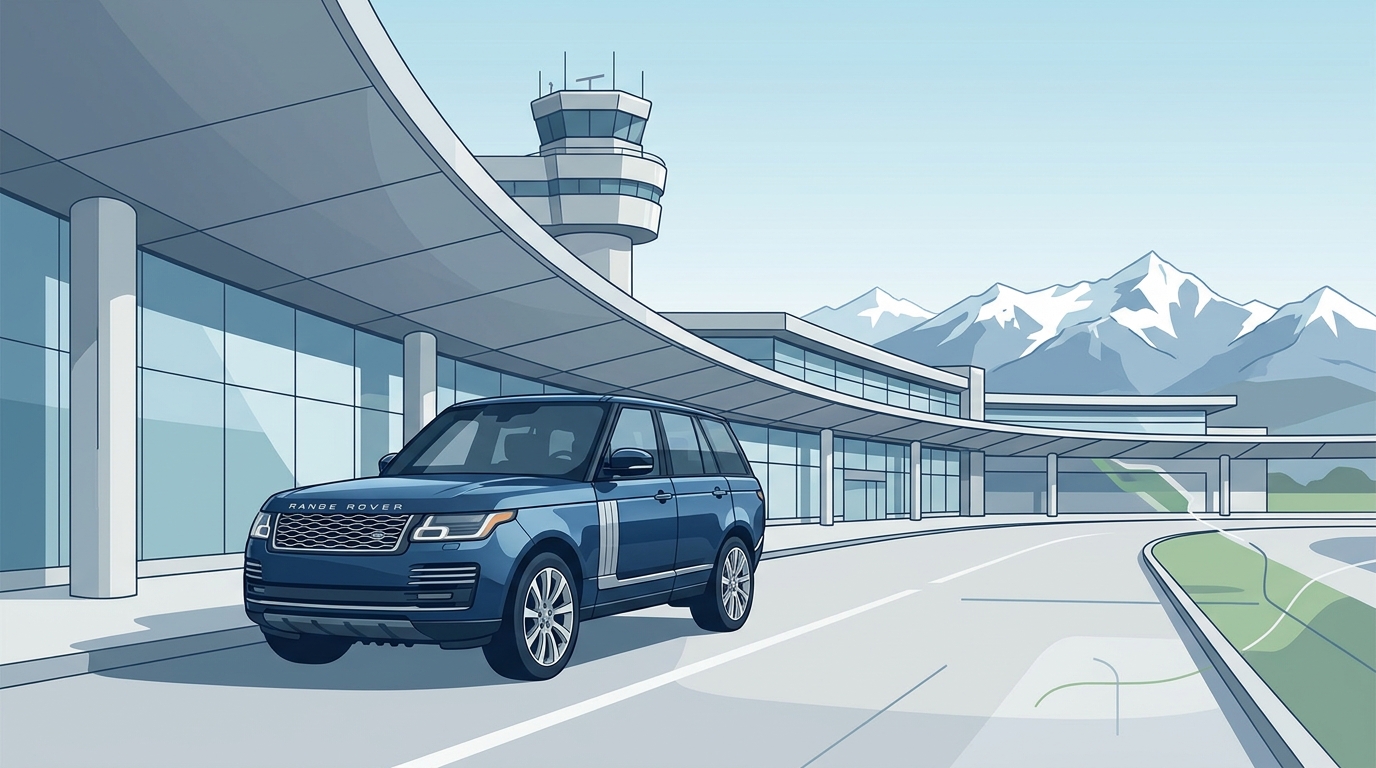 Hero image showing a luxury vehicle (e.g., Mercedes-Benz S-Class or Range Rover) parked outside Calgary International Airport terminal with the Rocky Mountains visible in the background, conveying premium ground transportation and the destination appeal.