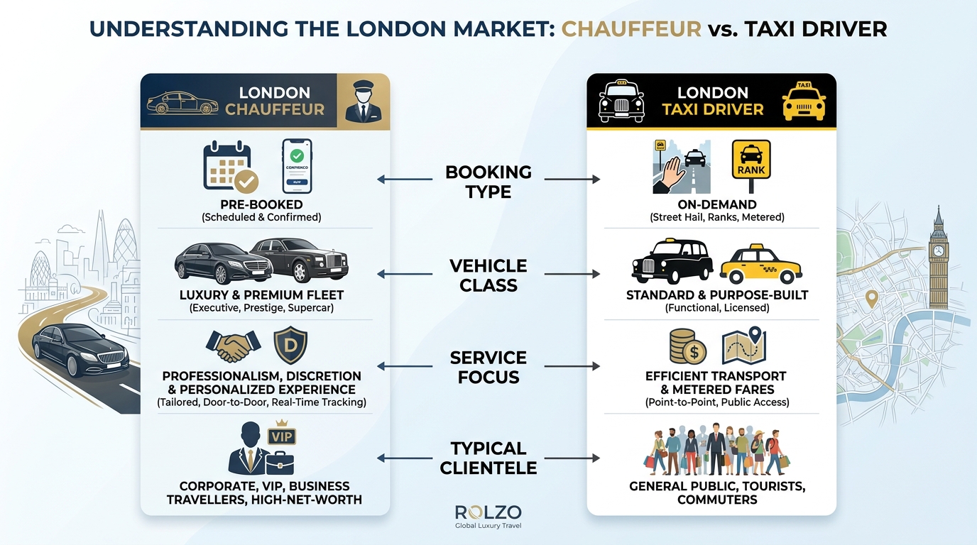 Side-by-side comparison table contrasting a London chauffeur vs. a taxi driver across attributes such as booking type (pre-booked vs. on-demand), vehicle class (luxury vs. standard), service focus (discretion/professionalism vs. metered rides), and typical clientele (corporate/VIP vs. public)