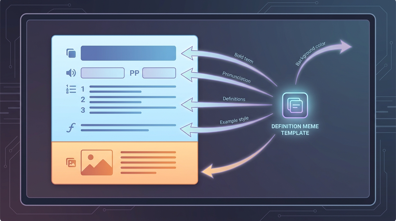 Annotated diagram of a definition meme template with arrows pointing to each element: bold term, phonetic pronunciation, part of speech, numbered definitions, example sentence in italics, and background color